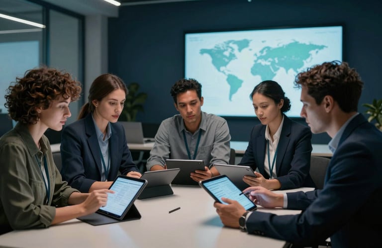 A group of diverse professionals collaborating in a high-tech office with digital tablets and large screens. Global / English-speaking workspace. Palette of dark blue and muted teal.