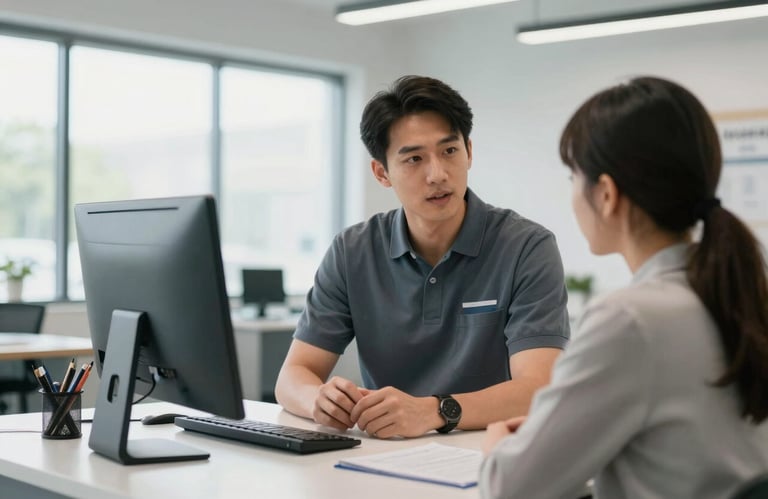 A professional service advisor in a North American collision center office, speaking with a client. The setting is bright and clean with large windows and modern, minimalist furniture.