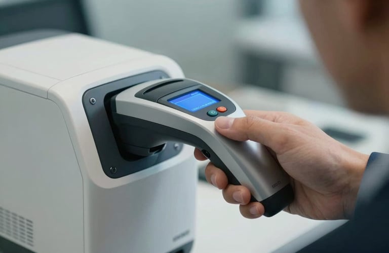 Close-up of a professional's hand using a secure biometric reader in a North American / US office, clean lighting with Deep Ocean Blue accents.