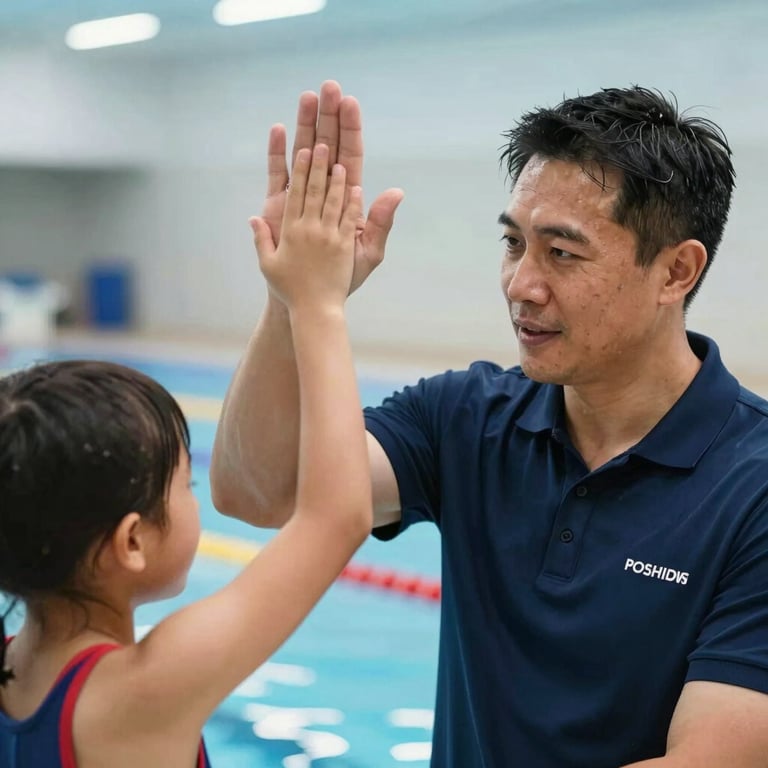 A close-up shot of a swimming coach giving a high-five to a young student on a pool deck. The coach wears a professional navy polo, and the interaction is clearly supportive and respectful.