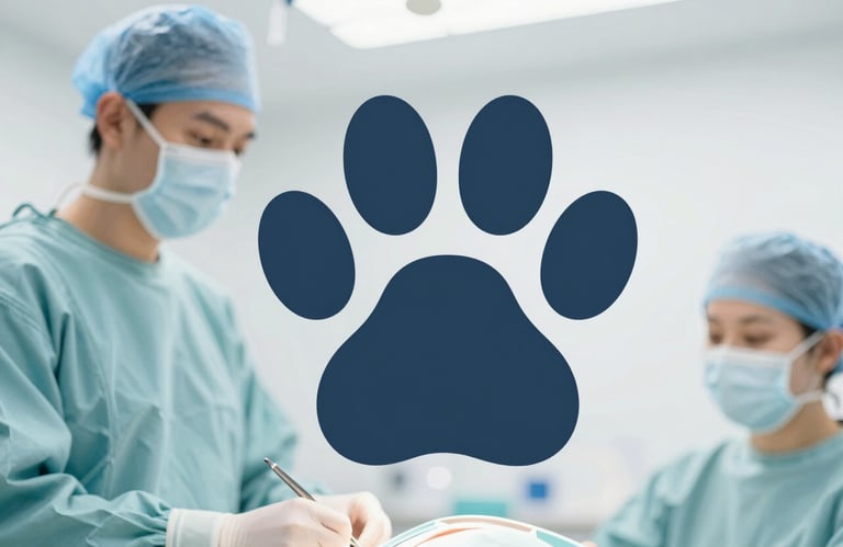 A detailed 3D render of professional surgical tools alongside a paw print icon, emphasizing precision and animal care. Colors #4F6C5B and #9BB4A6 are prominent, set against #F8F9F3.