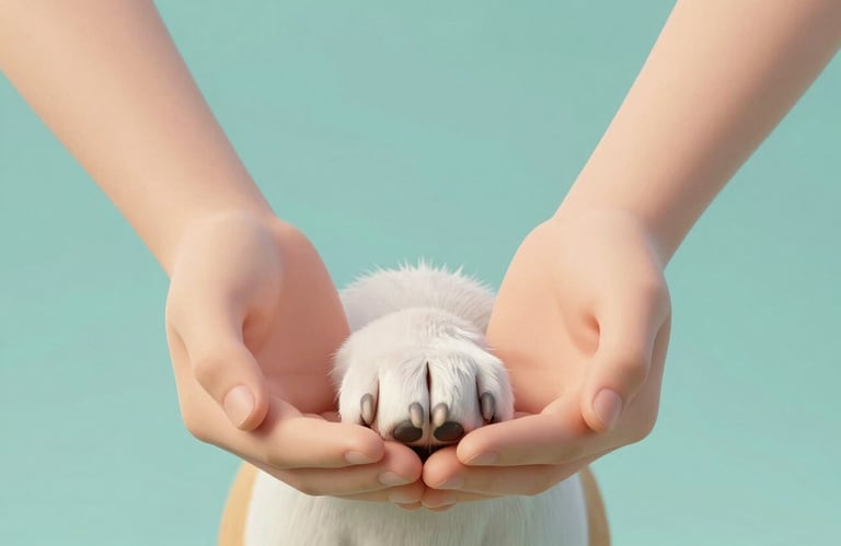 A 3D render of two hands cupping a small dog paw, symbolizing protection and the human-animal bond. The lighting is soft and empathetic, utilizing #9BB4A6 and #F8F9F3.