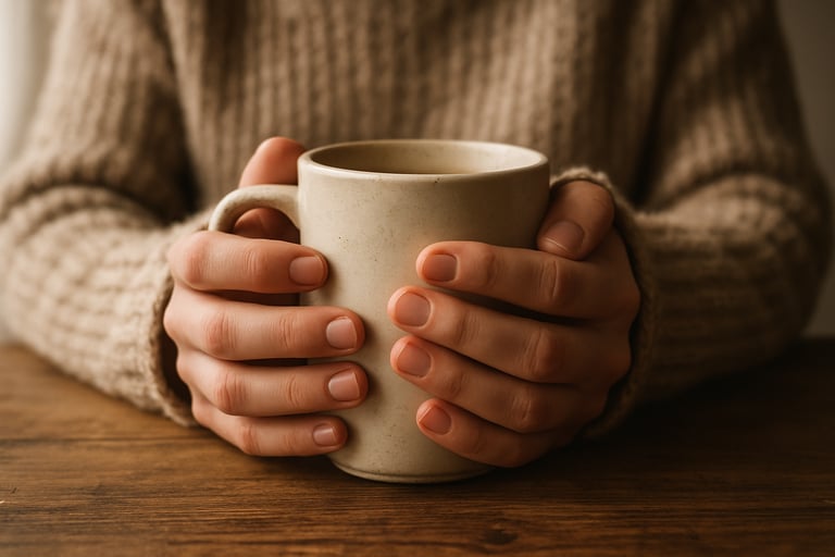 A close-up shot of a person's hands holding a warm ceramic mug in a cozy, natural light setting. The composition is calm and focused, featuring textures of wool and wood.