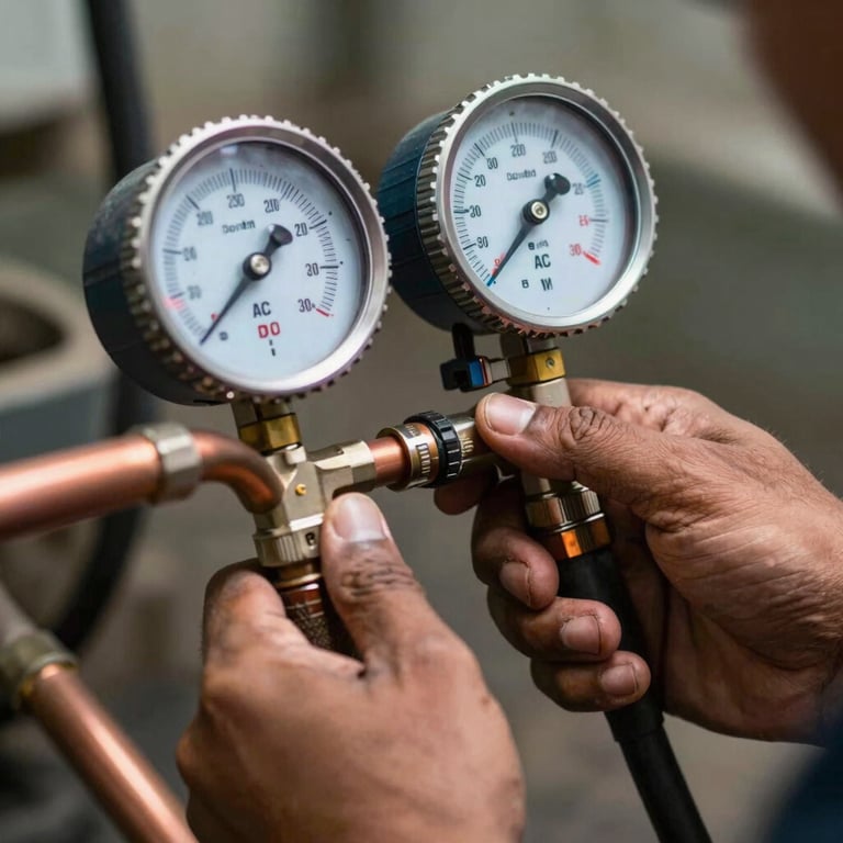 A professional South Asian AC technician's hands using a pressure gauge and copper pipes for gas filling, detailed macro photography.