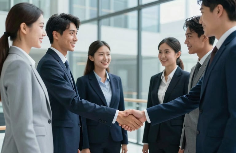 A group of successful young professionals in business attire shaking hands in a modern glass office, themed with dark blue and light gray (#E0E8F2), representing job placements.