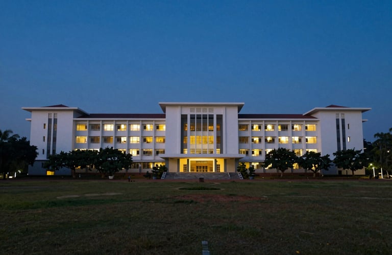 A sprawling college campus building in Tamil Nadu with modern architecture, shot at dusk with warm lights and a deep blue sky (#0A1429), signifying widespread educational impact.