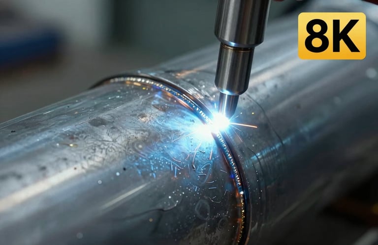 Close-up photography of precision welding on a thick metal duct segment. The focus is on the flawless seam, with cool grayish blue metallic tones and soft industrial lighting.