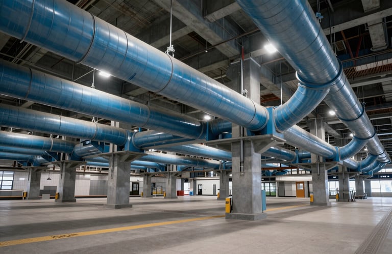 A wide cinematic shot of a major metro station under construction, featuring extensive blue-toned industrial ductwork.
