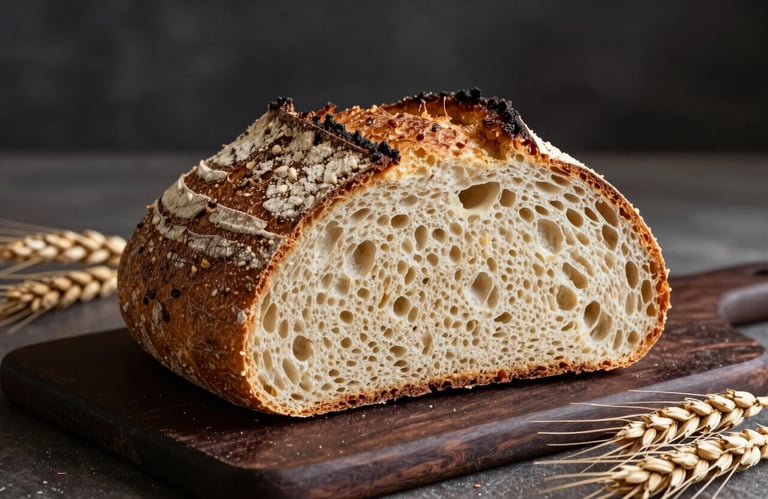 A rustic loaf of sourdough bread with a crispy golden crust, sliced to show the perfect crumb, resting on a dark chocolate brown board with wheat stalks nearby, French countryside style.