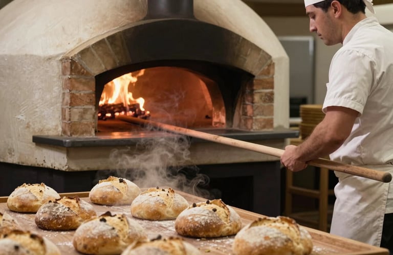 Photography of a professional baker pulling fresh, steaming loaves from a traditional brick oven with a long wooden peel, warm glow of the fire in a French bakery.