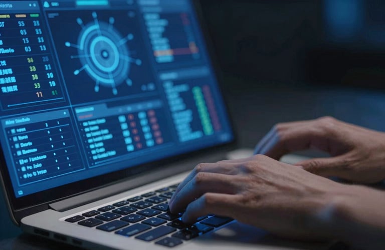 Close-up of a person typing on a laptop with digital data dashboards visible on a screen, with royal blue lighting.