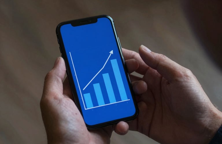 A person holding a smartphone showing a business growth graph with an upward trend in royal blue colors.