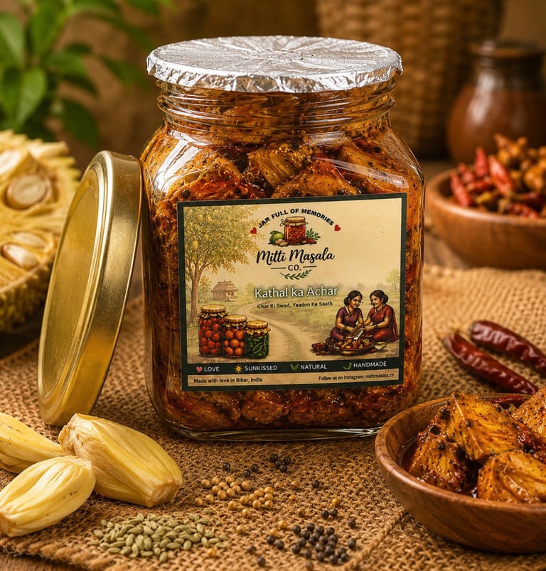 A glass jar of homemade Mitti Masala Kathal ka Achar spicy jackfruit pickle surrounded by Indian spices.