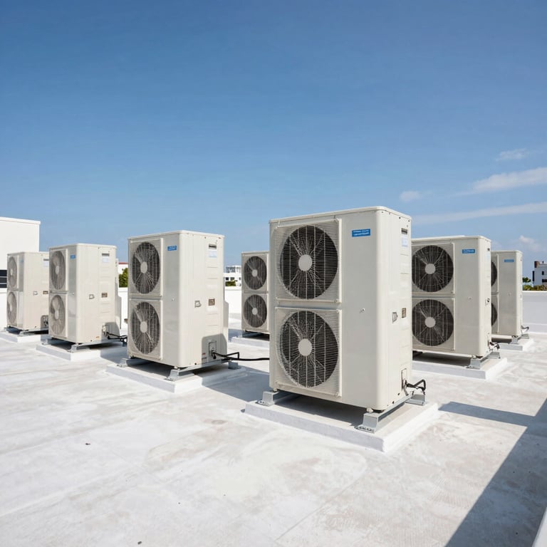 Wide angle shot of rows of large commercial HVAC units on a white rooftop under a clear blue sky in Miami, clean lines, professional engineering style.