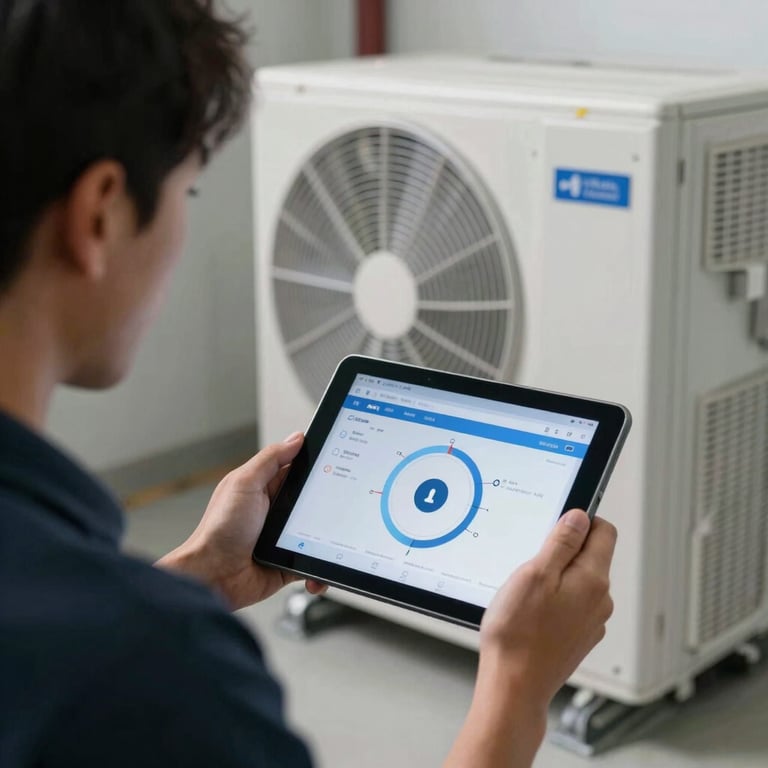 A technician using a digital tablet to run diagnostics on a modern indoor HVAC system, soft lighting, professional North American / US / Miami atmosphere.
