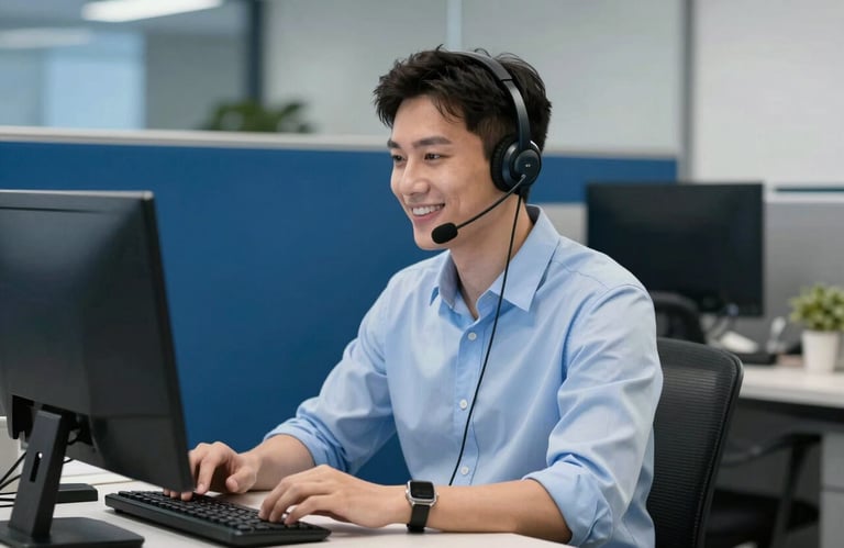 A support professional in a North American / US office environment, wearing a headset and smiling, with Pale Blue and Steel Blue office decor.