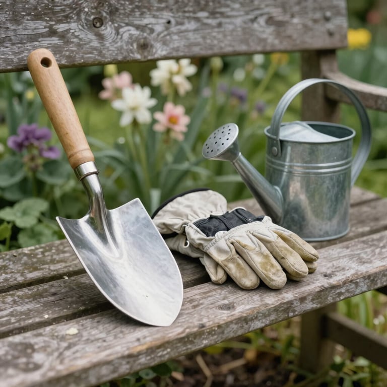 A close-up shot of traditional gardening tools, including a polished silver trowel, a pair of leather gardening gloves, and a small watering can, neatly arranged on a weathered wooden garden bench. The setting is a classic British garden, with lush green foliage and blooming flowers in soft focus in the background. Natural, soft daylight casts gentle shadows, creating a serene and inviting atmosphere. The composition is balanced and clean, embodying a Europeu / Britânico aesthetic.