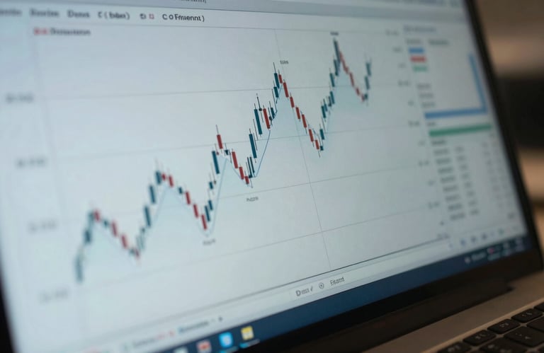 A sharp, close-up photograph of detailed financial charts on a screen in a professional UK office environment, with soft pale blue reflections.
