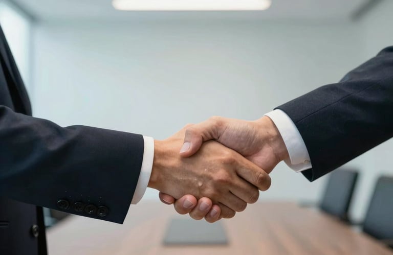Close-up of two professionals shaking hands in a bright, modern UK boardroom, focus on the firm grip and professional suits, blurred pale blue office background.