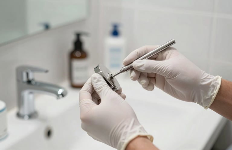 A close-up of a worker's hands in white gloves carefully polishing a silver fixture in a modern, bright bathroom.
