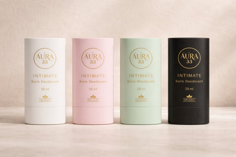 Aura 33 organic intimate balm deodorant tubes in white, pink, mint, and black packaging.