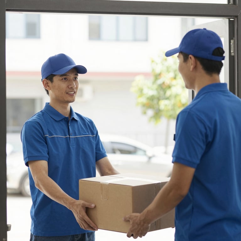 Photography of a delivery professional wearing a clean uniform and a face mask, handing a package with a smile. South American / Latin context, bright and trustworthy.