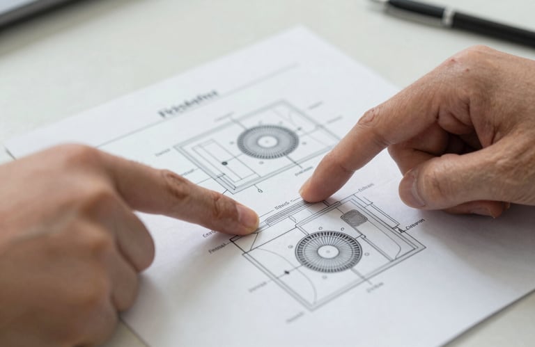 Close-up of a professional's hands pointing at a technical HVAC diagram on a light-colored surface, clear and professional technical atmosphere.