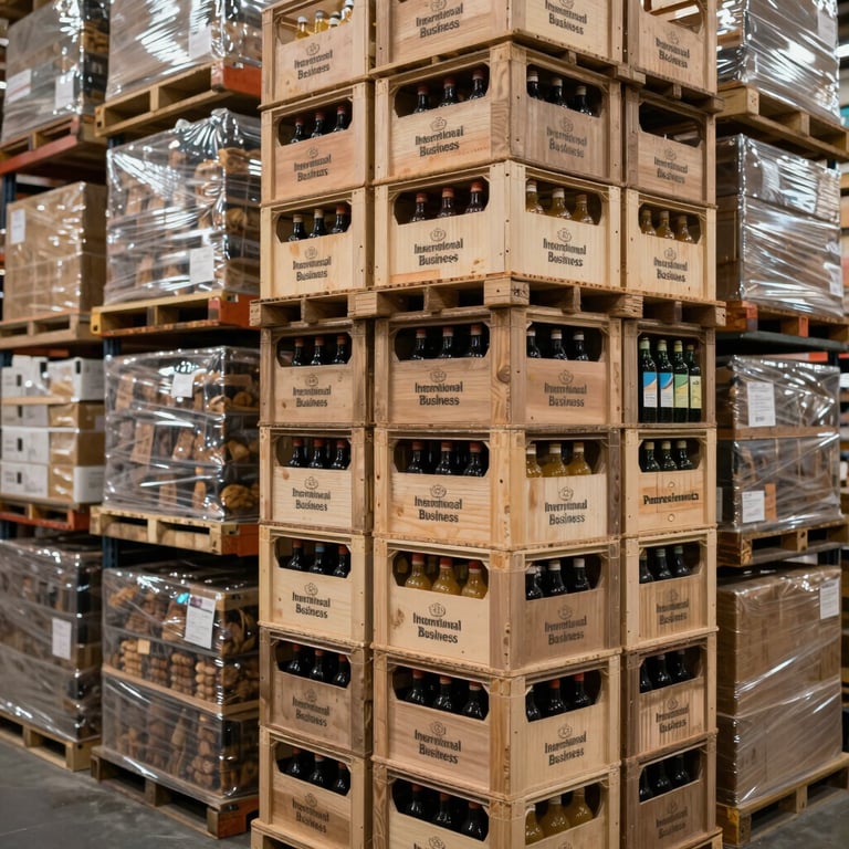 A professional photography shot of neatly stacked wholesale food and beverage crates in a distribution center, International Business.