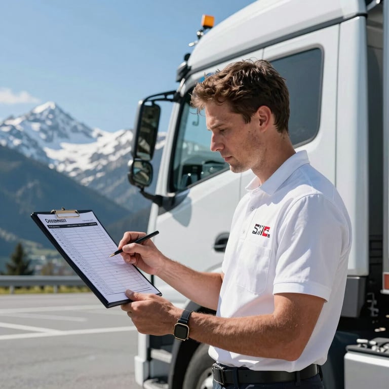 A professional driver in a clean uniform standing next to a modern truck, looking at a delivery schedule, bright daylight, alpine background, ice blue sky. Central European / Swiss German.