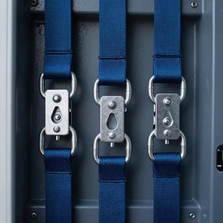 Close-up of professional cargo securing equipment inside a modern transport vehicle, focusing on the heavy-duty straps and metallic hooks, steel blue tones. Central European / Swiss German.