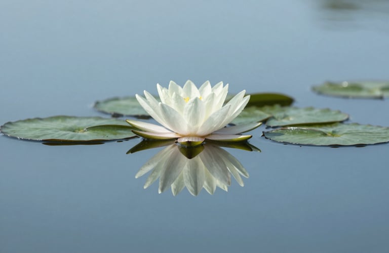 A balanced composition of a water lily on a still pond surface, reflecting a clear sky. Symmetrical and peaceful style using #94B5A5 and #EDF3F1.