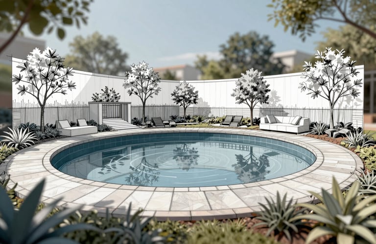 Architectural sketches of a garden landscape overlaying a photo of a half-finished pond construction. Professional and precise composition with accents of #3A6C66.