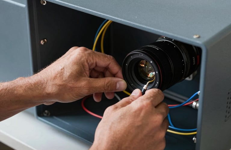 A technician's hands adjusting a complex wire configuration inside a slate grey-blue control box in a North American / US home.