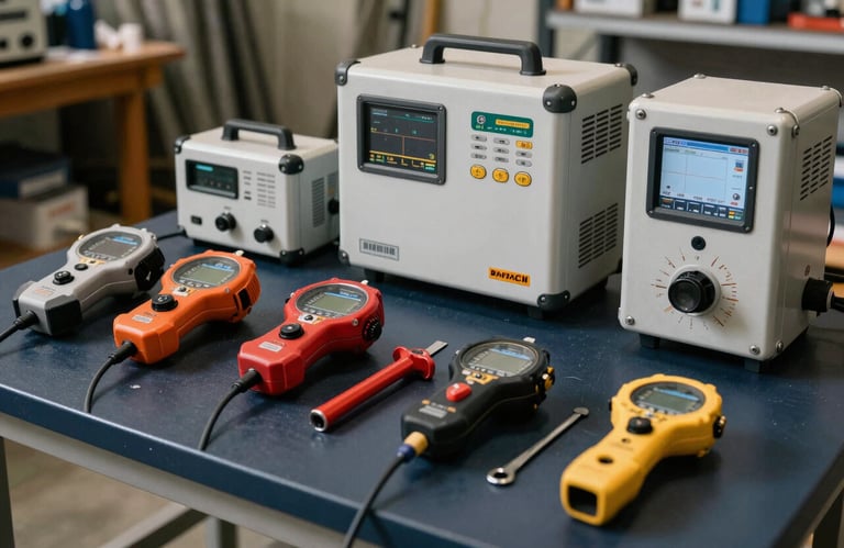 Professional HVAC testing equipment and tools arranged neatly on a dark charcoal blue surface in a North American / US workshop setting.