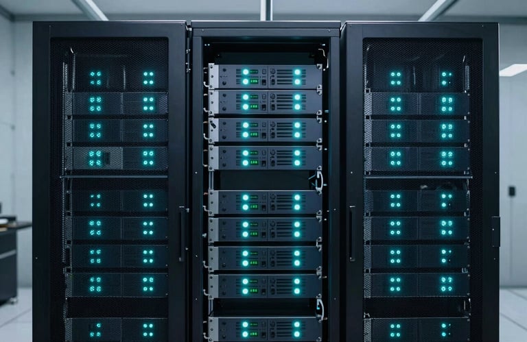 A high-tech server rack with glowing Deep Navy and Muted Teal lights in a clean, professional data center in India.