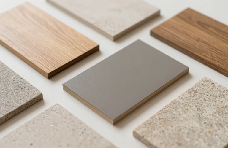 A collection of premium building materials like wood samples (#6B5B4F) and stone tiles (#BBA99C) arranged neatly on a light surface, representing quality selection.