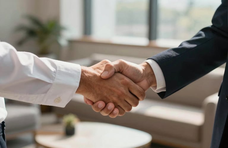 A close-up of two professionals shaking hands in a high-end Brazilian business lounge, representing a successful partnership, soft sunlight, professional and clean aesthetic.