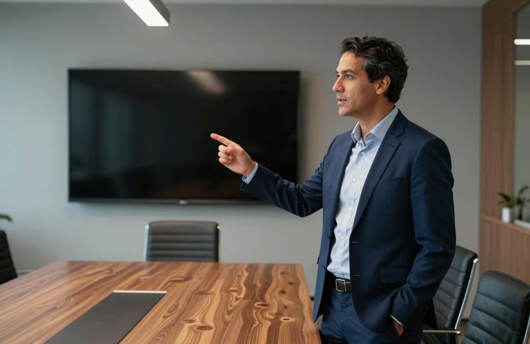 A medium shot of an executive giving a presentation in a sleek Brazilian boardroom, using a modern display, smart casual attire, professional and innovative atmosphere, navy blue tones.