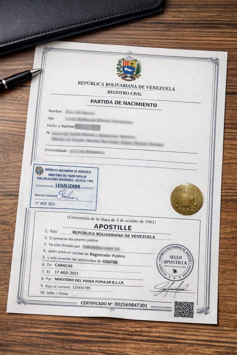 Partida de nacimiento venezolana apostillada