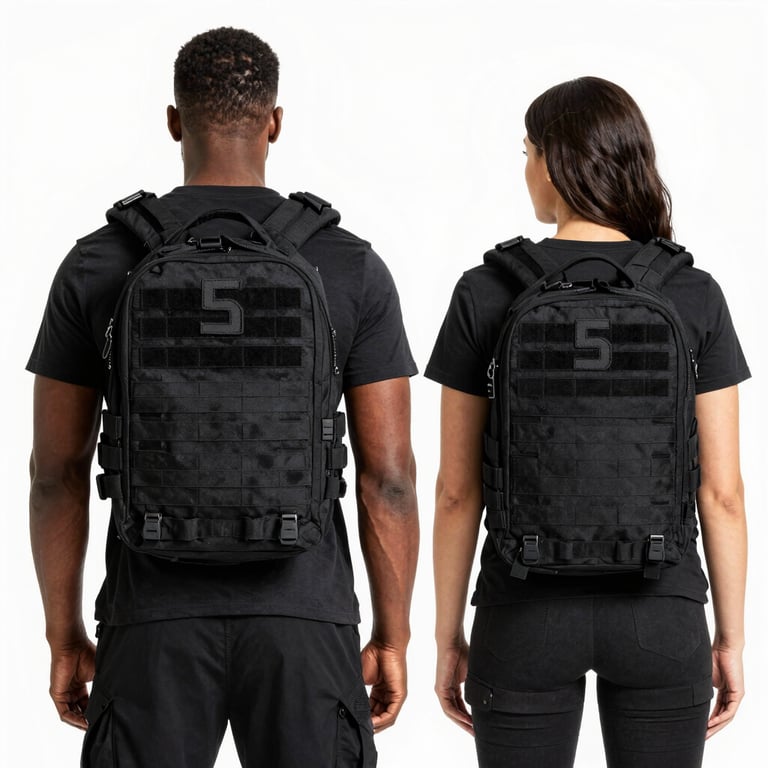 Adult men and women with black back packs on with 5 on it.