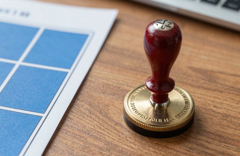 A macro shot of a certified professional license seal sitting on a wooden desk next to a steel blue window blueprint in a North American / Florida office.