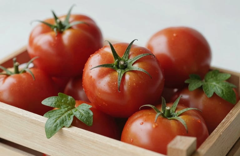 Close-up of fresh, deep red heirloom tomatoes (#9B2226) in a wooden crate, with forest green leaves (#355E3B). Crisp, natural lighting highlighting the organic texture. Minimalist and sophisticated food photography.