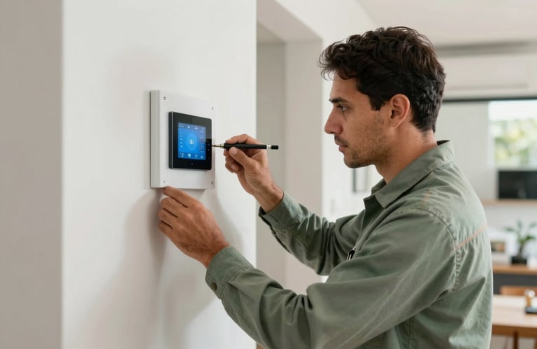 A Brazilian electrician installing a smart home panel with precision. The professional is focused, wearing a Muted Sage Green work shirt. The setting is a clean, modern South American / Brazilian house.