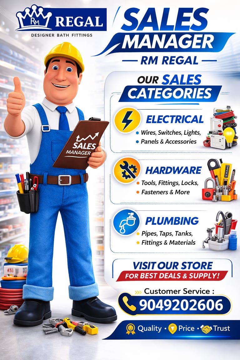 RM Regal Sales Manager poster showcasing electrical, hardware, and plumbing supplies with contact details.