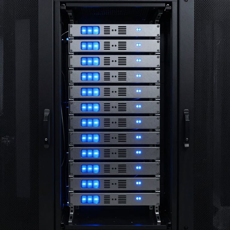 A minimalist North American server rack glowing with soft slate blue lights in a temperature-controlled, dark data center.