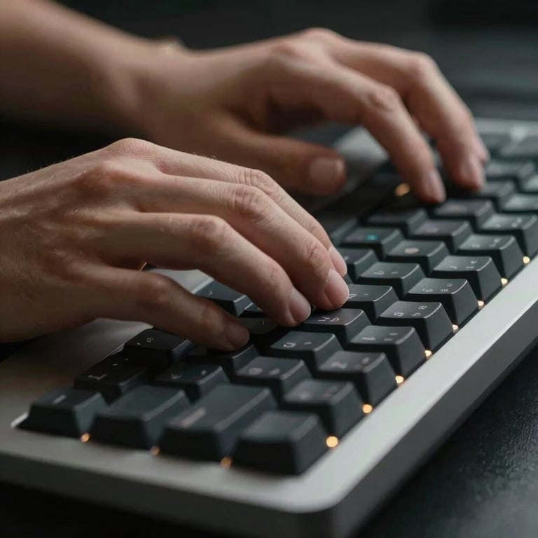 Close-up of hands typing on a mechanical keyboard with subtle backlighting in a dark room, sophisticated technical atmosphere.