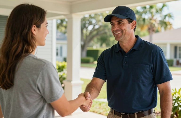 A friendly junk removal professional in a professional dark blue shirt shaking hands with a homeowner in a sunny North American / US / Floridian porch setting.