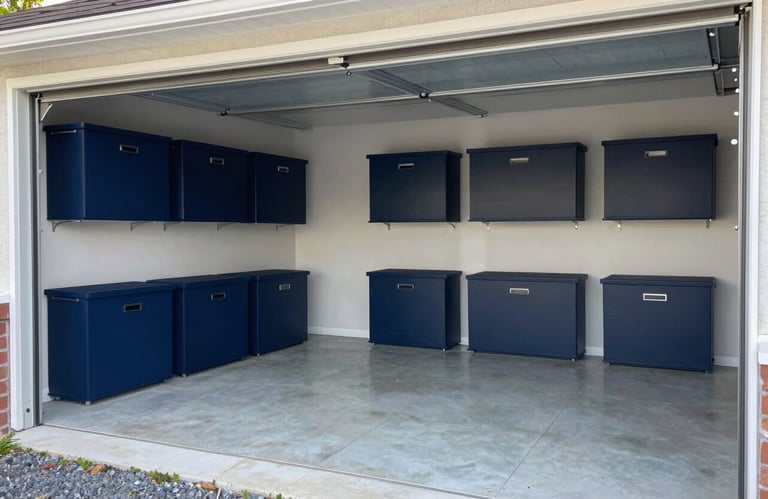 A clean, organized garage in a North American / US / Floridian home after a professional cleanout, showing empty space and professional dark blue storage accents.