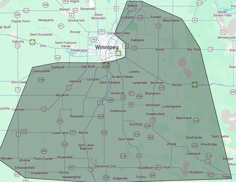 Service area map for FXIT IT Solutions, providing managed IT and technical support across Southeast Manitoba