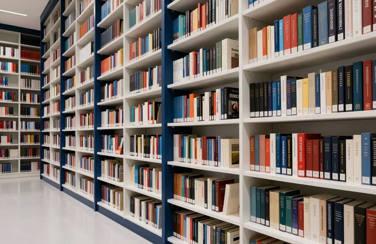 The interior of a modern library with cloud white shelves and deep midnight blue accents, filled with thousands of books.